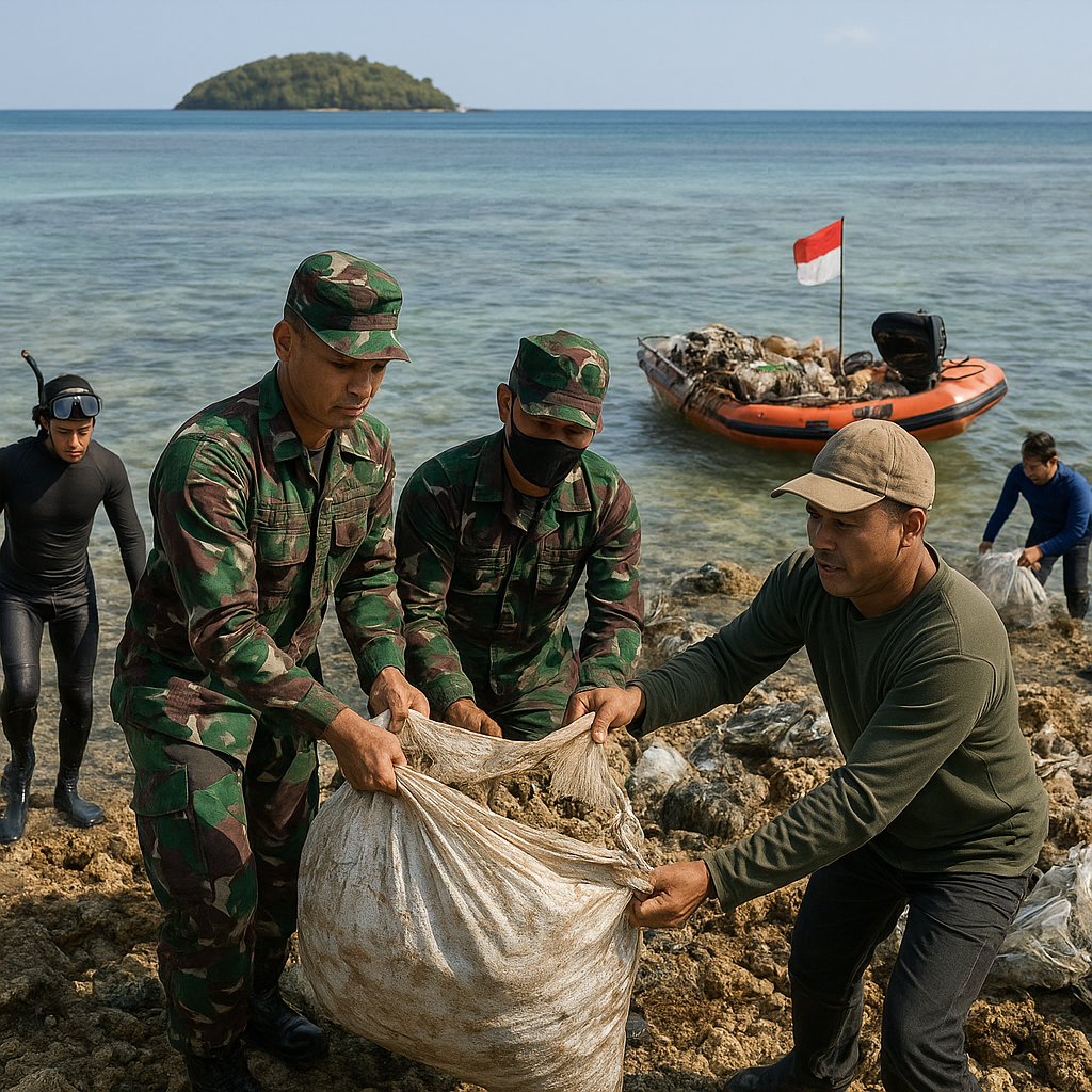 TNI Angkat 4 Ton Sampah dalam Operasi Bersih Karang di Pulau Damar, Kepri