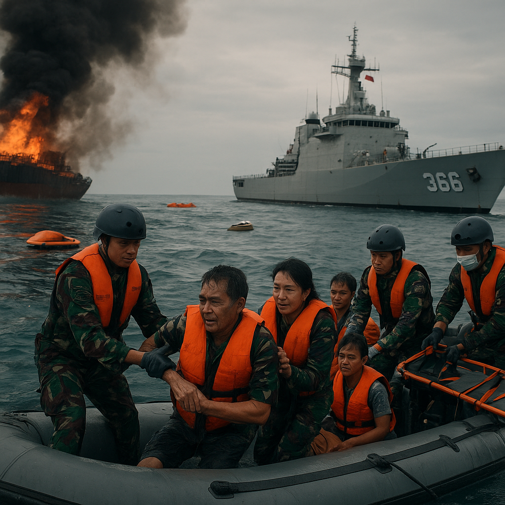 Kapal Perang TNI AL Selamatkan 12 ABK Kapal Asing yang Terbakar di Perairan Natuna